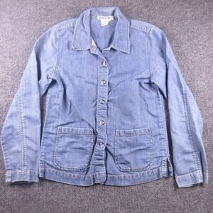 WinterSilks Jacket Womens Petite M Blue Silk Denim Belted Button Front Pockets